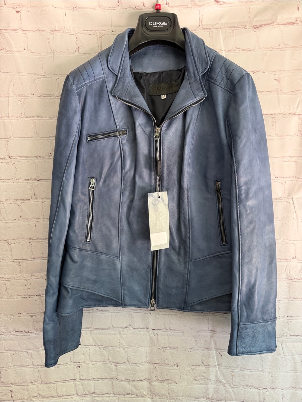 Italian Blue Leather Zip-Up Bomber Jacket By CURGร Womanโs Size EU 54 US 2XL